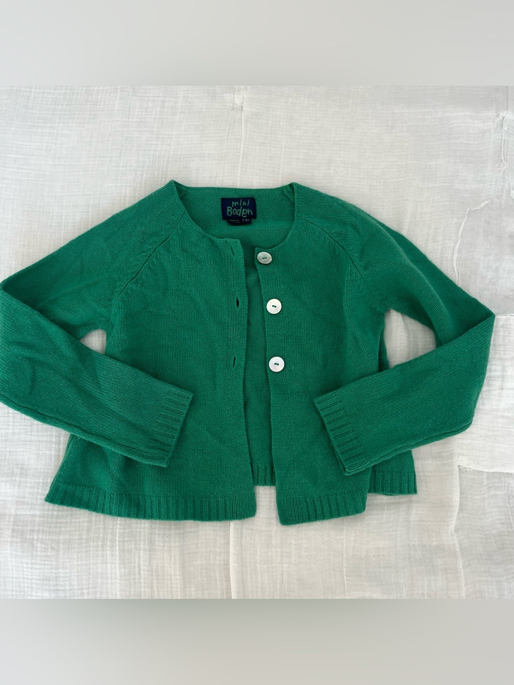 Mini Boden Girls' Green Crewneck Cardigan with Pearl Buttons